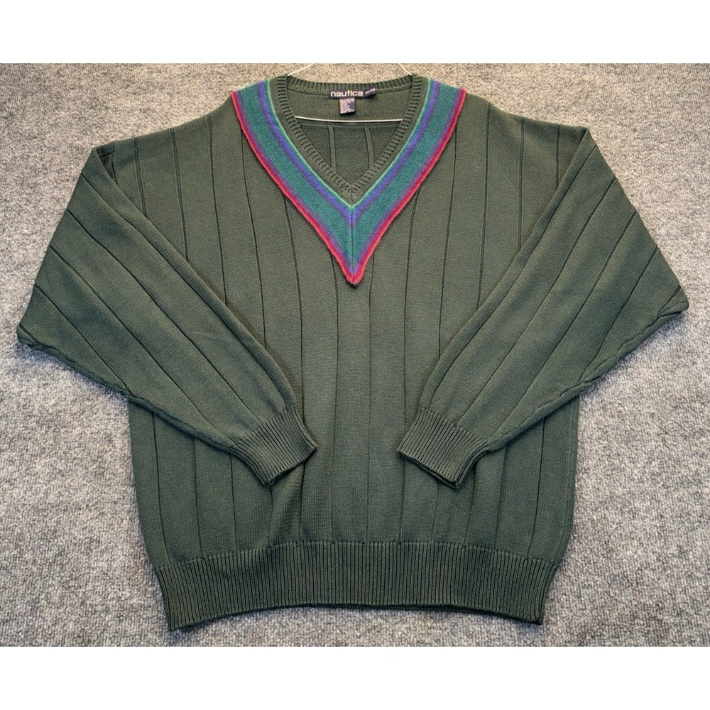 Vintage Nautica Men's XL Green Cotton V-Neck Sweater Striped Collar 90s